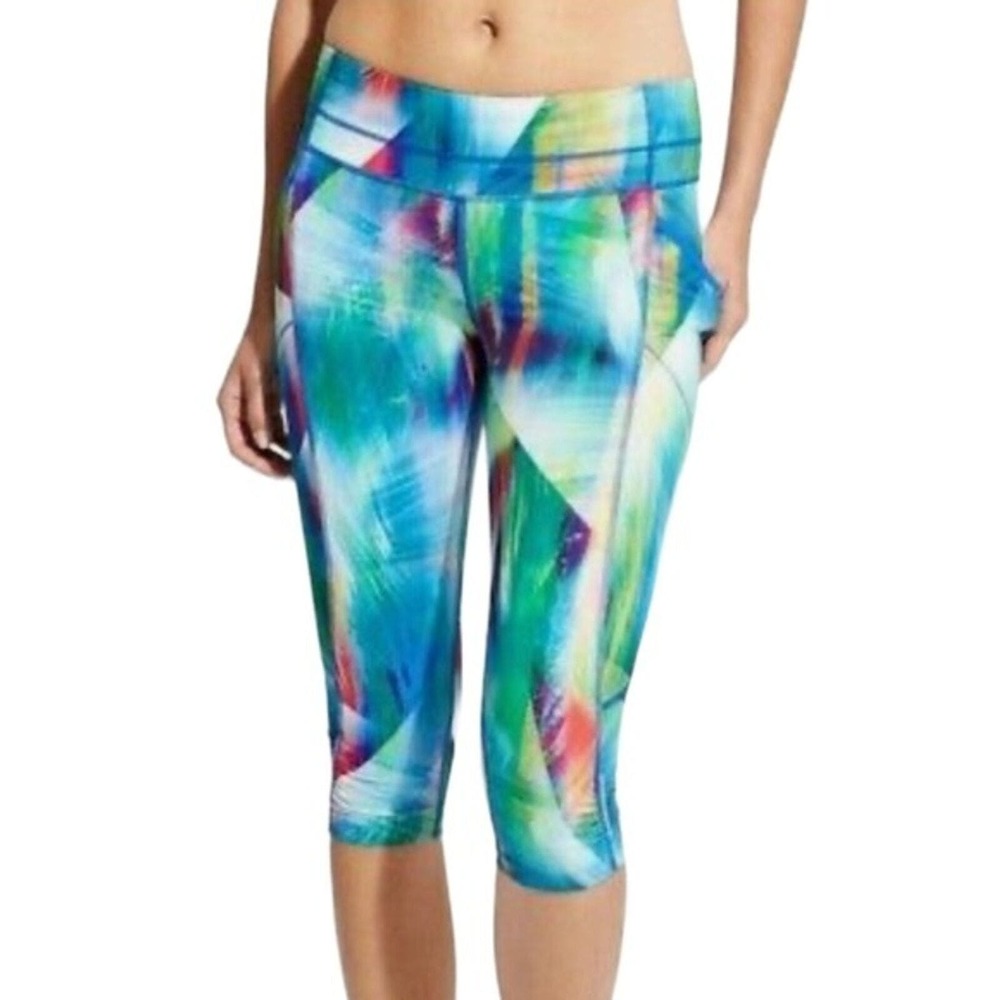 Athleta Pants Women Small Blue Green Tropea Dobby Be Free Kicker Crop Watercolor - Picture 7 of 7